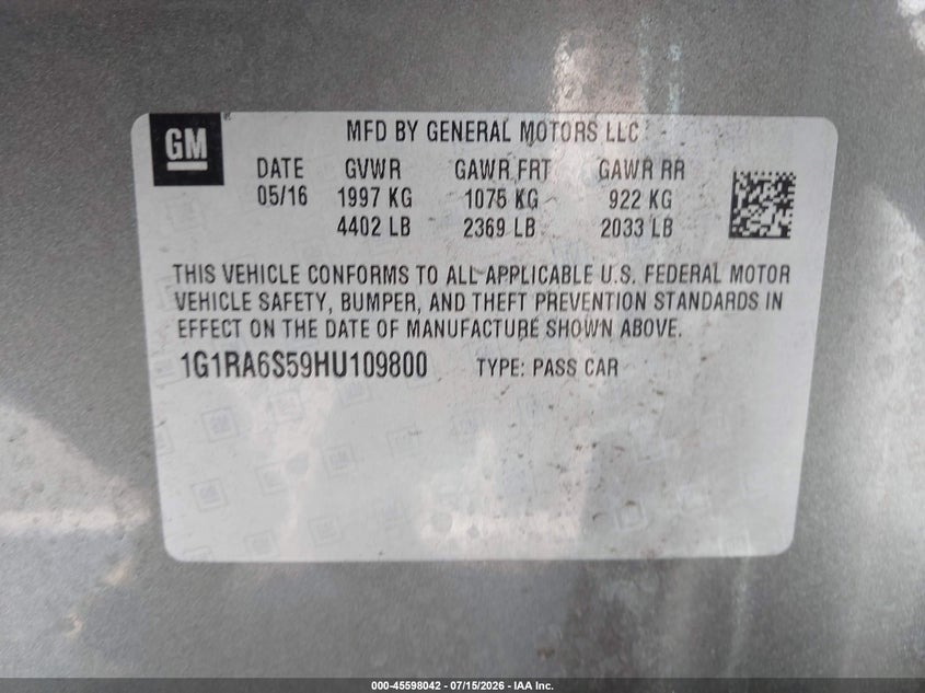 2017 Chevrolet Volt Lt VIN: 1G1RA6S59HU109800 Lot: 45598042
