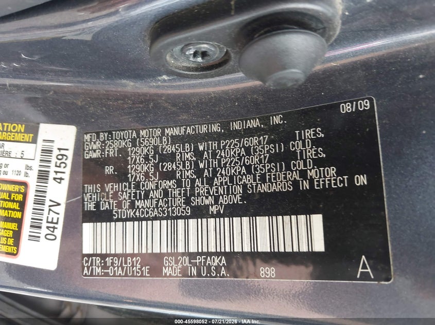 2010 Toyota Sienna Xle VIN: 5TDYK4CC6AS313059 Lot: 45598052