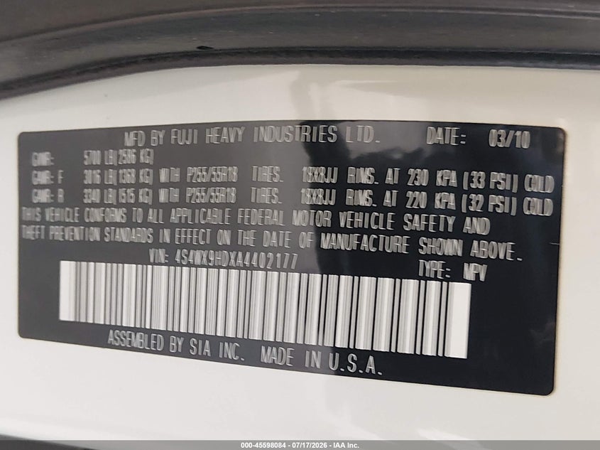 2010 Subaru Tribeca 3.6R Limited VIN: 4S4WX9HDXA4402177 Lot: 45598084