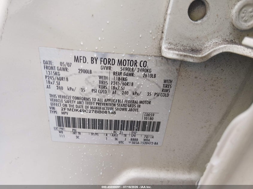 2007 Ford Edge Sel Plus VIN: 2FMDK49C27BB08138 Lot: 45598091