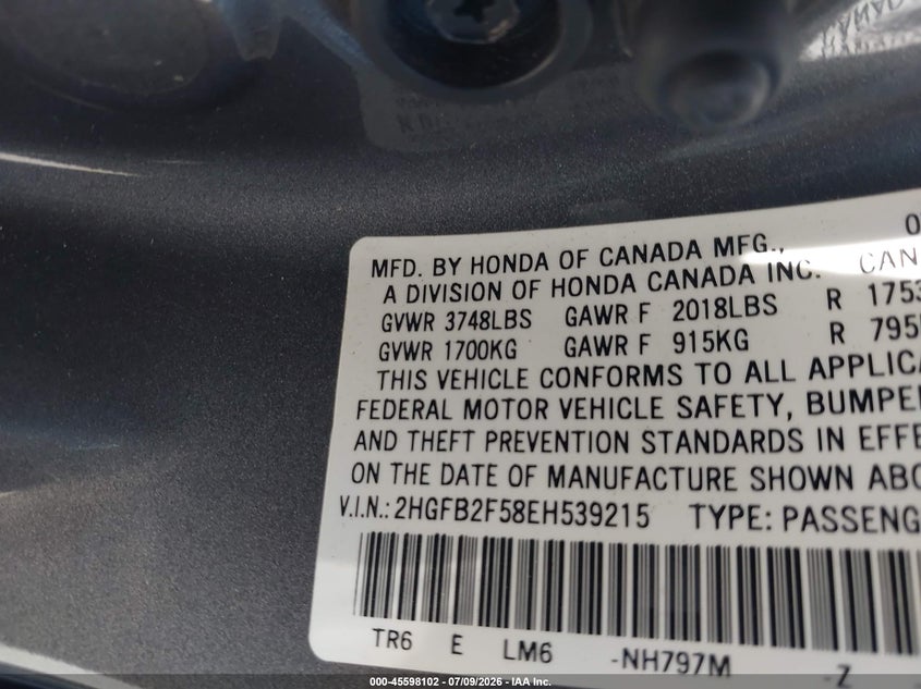 2014 HONDA CIVIC SEDAN 1.8L I-4 VVT, 143HP
