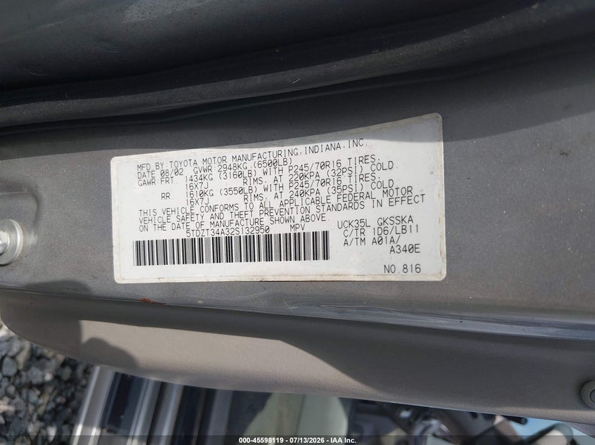 2002 Toyota Sequoia Sr5 V8 VIN: 5TDZT34A32S132950 Lot: 45598119