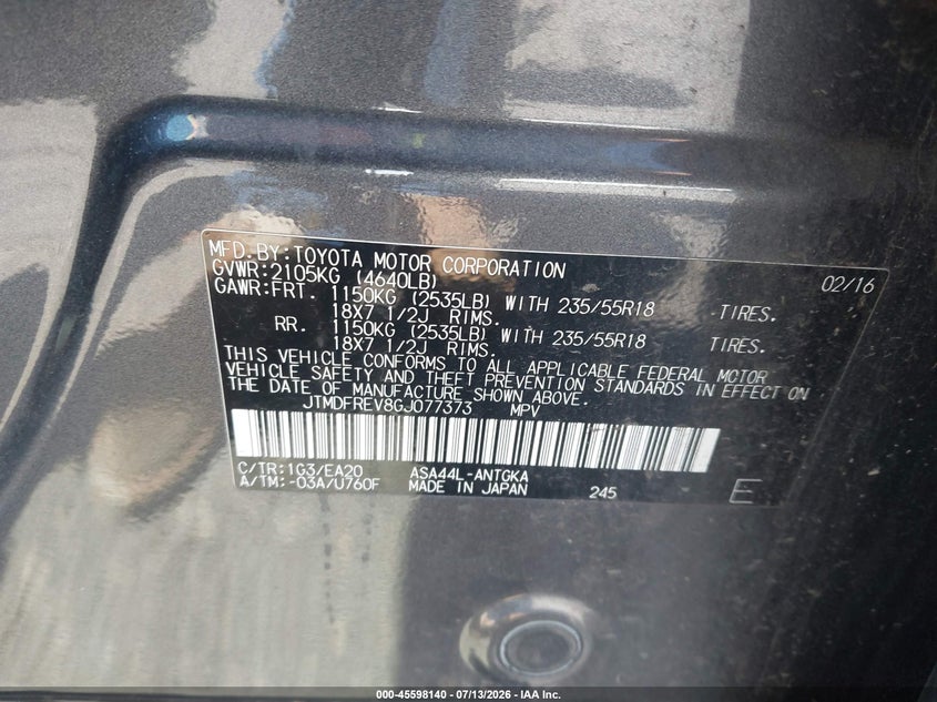 2016 Toyota Rav4 Limited VIN: JTMDFREV8GJ077373 Lot: 45598140