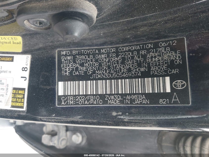 2012 Toyota Prius Two VIN: JTDKN3DU5C5469374 Lot: 45598142