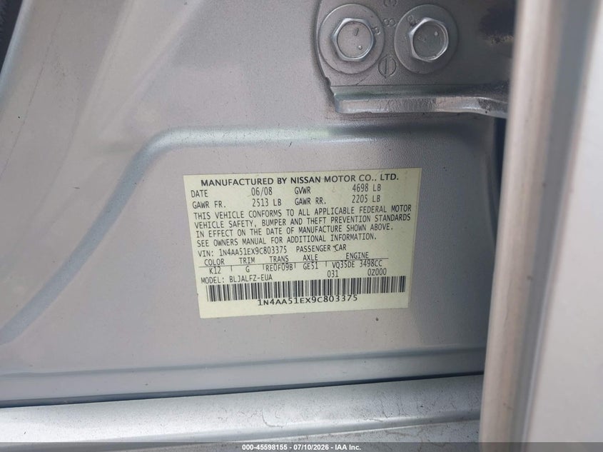 2009 NISSAN MAXIMA SEDAN 3.5L V-6 DOHC, VVT, 290HP