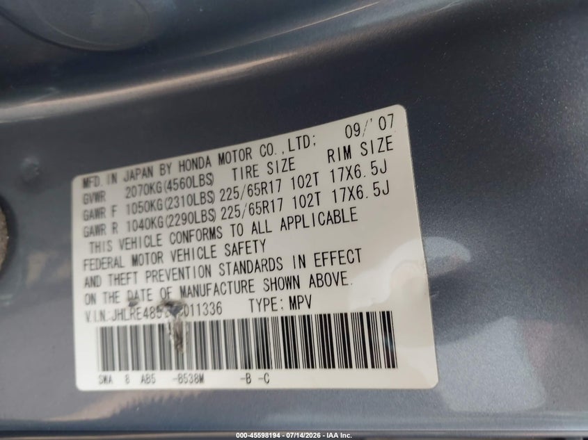 HONDA CR-V 2008 VIN JHLRE48528C011336