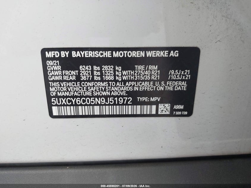 2022 BMW X6 xDrive40I VIN: 5UXCY6C05N9J51972 Lot: 45598201