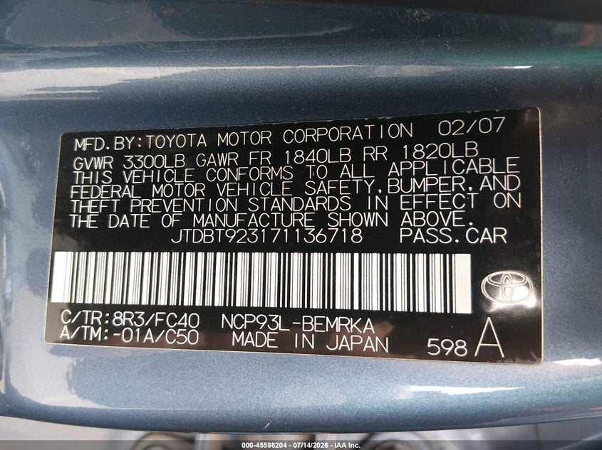2007 Toyota Yaris VIN: JTDBT923171136718 Lot: 45598204
