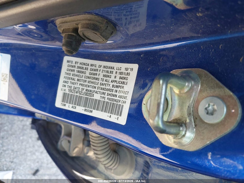 2020 Honda Insight Ex VIN: 19XZE4F52LE002024 Lot: 45598228