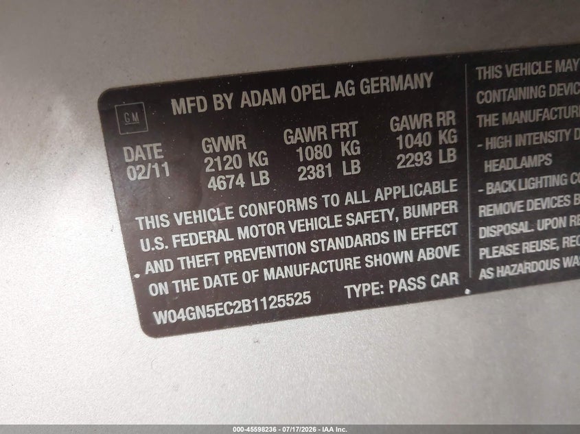 BUICK REGAL 2011 VIN W04GN5EC2B1125525