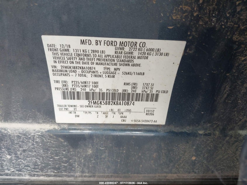 2019 Ford Flex Se VIN: 2FMGK5B82KBA10874 Lot: 45598247