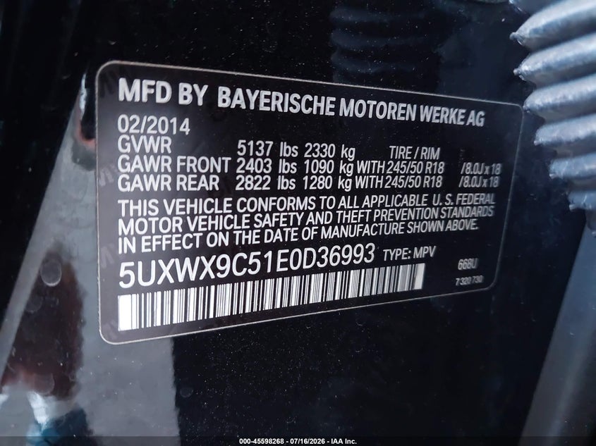 2014 BMW X3 xDrive28I VIN: 5UXWX9C51E0D36993 Lot: 45598268