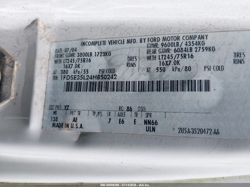 2004 Ford E-350 Cutaway Standard VIN: 1FDSE35L24HB50242 Lot: 45598296