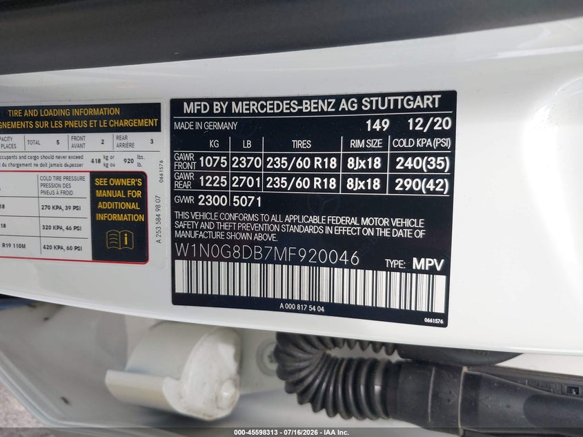 2021 Mercedes-Benz Glc 300 Suv VIN: W1N0G8DB7MF920046 Lot: 45598313