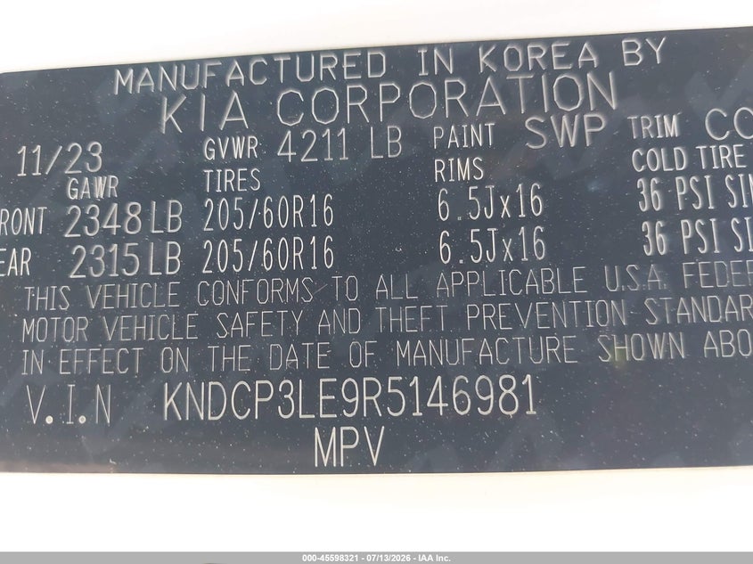 2024 Kia Niro Lx VIN: KNDCP3LE9R5146981 Lot: 45598321