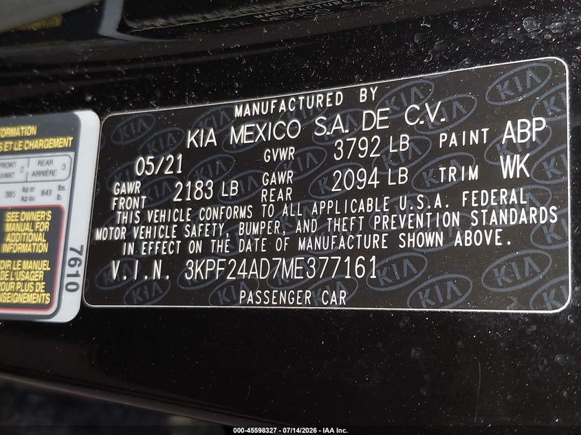 2021 Kia Forte Lxs VIN: 3KPF24AD7ME377161 Lot: 45598327