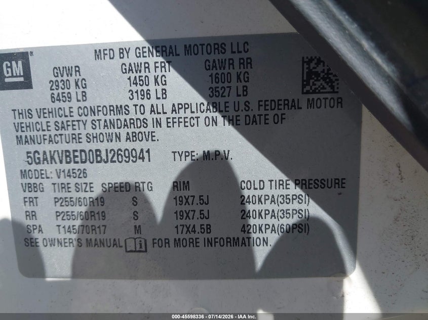 2011 Buick Enclave 1Xl VIN: 5GAKVBED0BJ269941 Lot: 45598336