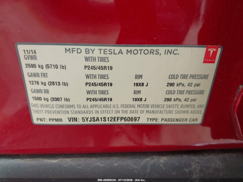 2014 Tesla Model S VIN: 5YJSA1S12EFP60697 Lot: 45598338