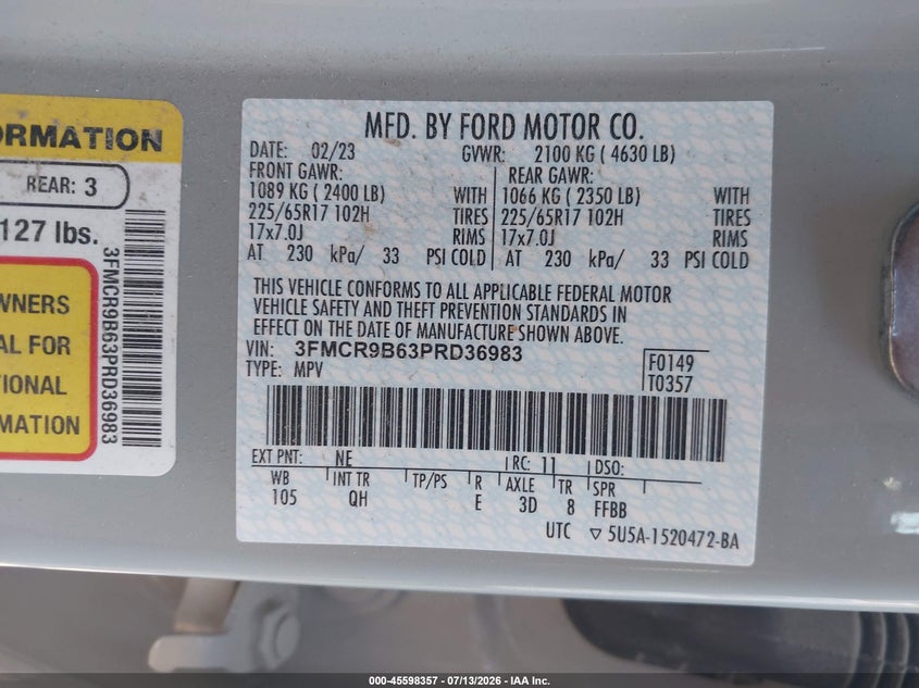 2023 Ford Bronco Sport Big Bend VIN: 3FMCR9B63PRD36983 Lot: 45598357