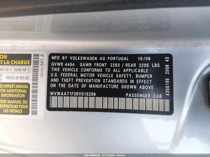 2009 Volkswagen Eos Komfort VIN: WVWAA71F39V015296 Lot: 45598388