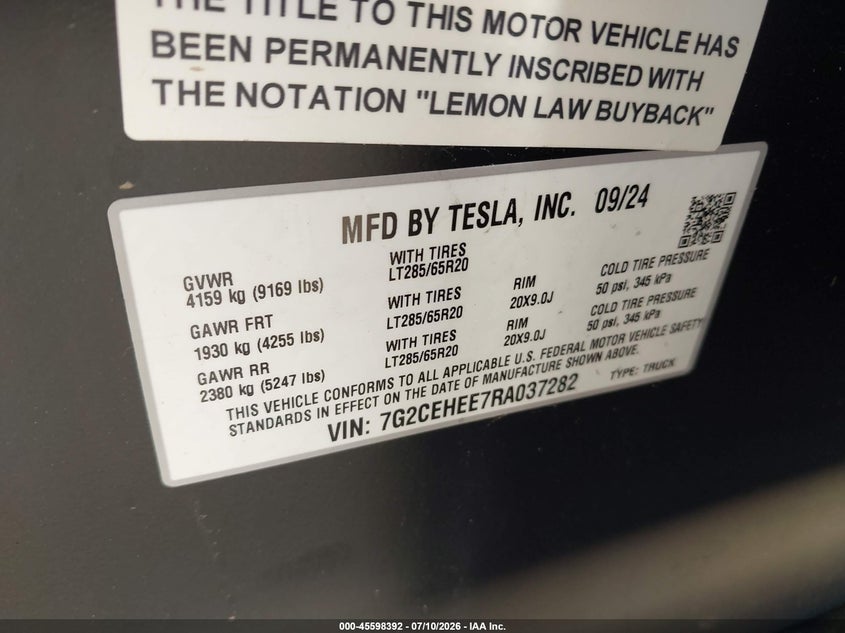2024 Tesla Cybertruck Cyberbeast VIN: 7G2CEHEE7RA037282 Lot: 45598392