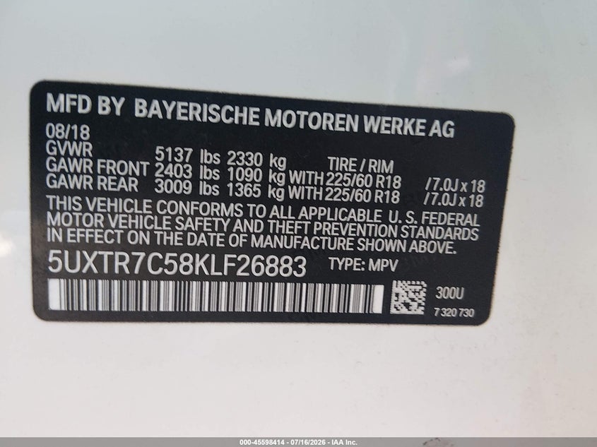 2019 BMW X3 Sdrive30I VIN: 5UXTR7C58KLF26883 Lot: 45598414
