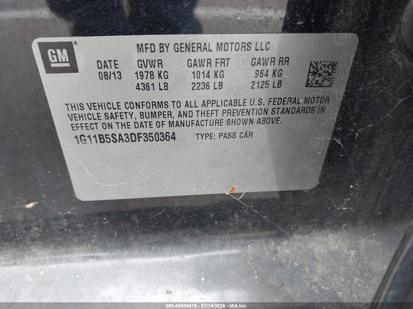 2013 Chevrolet Malibu 1Ls VIN: 1G11B5SA3DF350364 Lot: 45598416