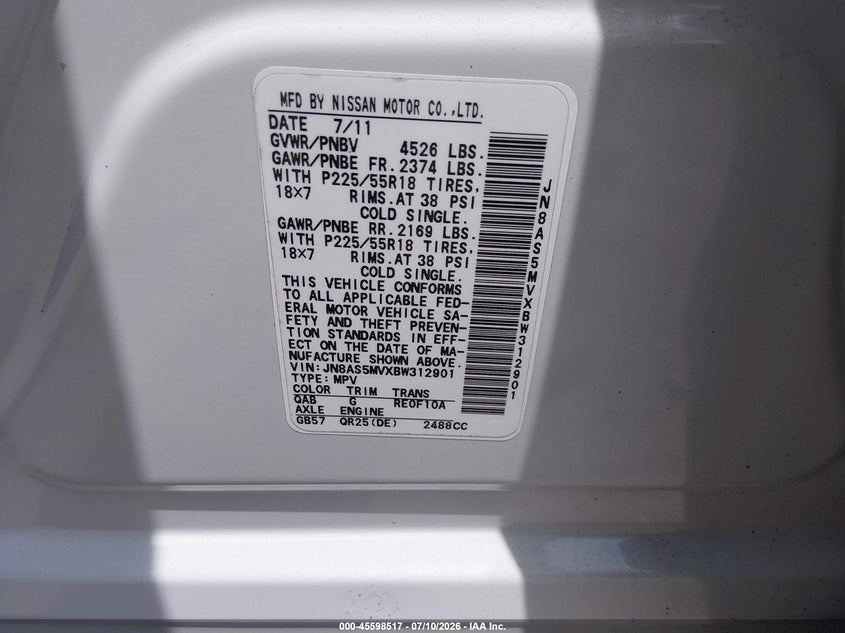 2011 Nissan Rogue Sv VIN: JN8AS5MVXBW312901 Lot: 45598517