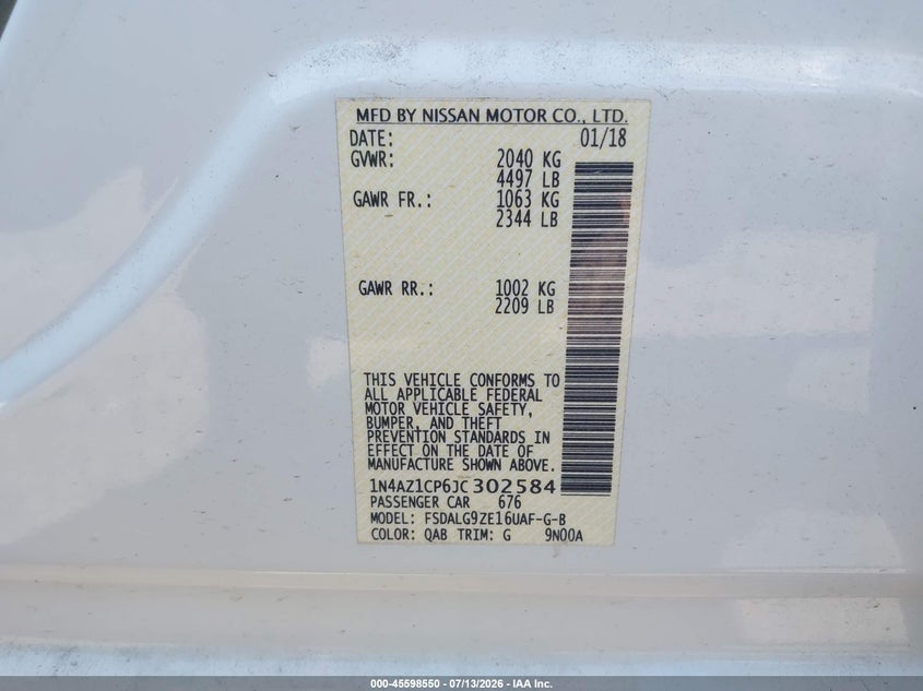 2018 Nissan Leaf Sl VIN: 1N4AZ1CP6JC302584 Lot: 45598550