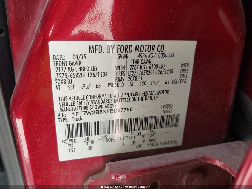FORD F-250 2015 VIN 1FT7W2B6XFED27785