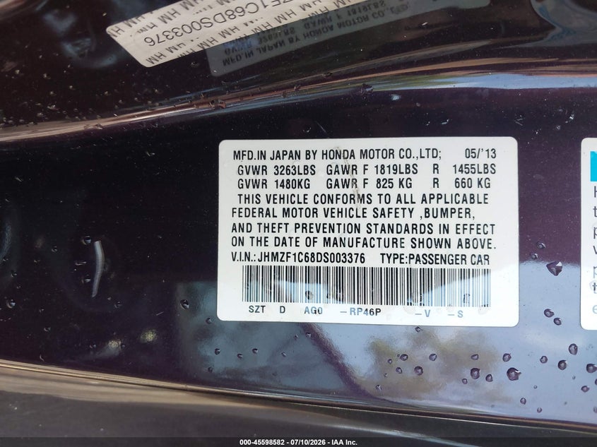 2013 Honda Cr-Z Ex VIN: JHMZF1C68DS003376 Lot: 45598582