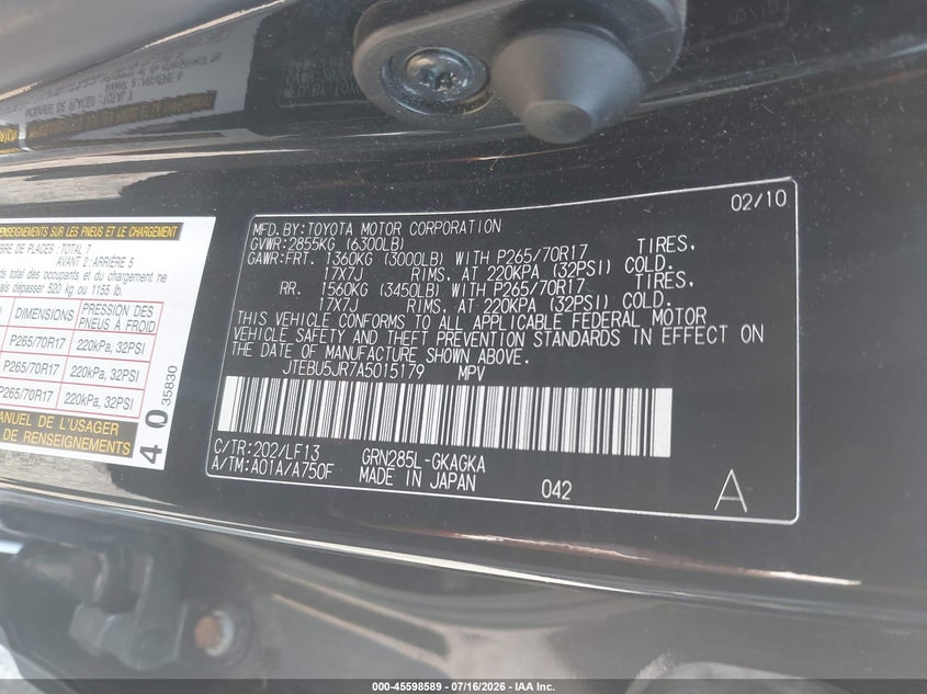2010 Toyota 4Runner Sr5 V6 VIN: JTEBU5JR7A5015179 Lot: 45598589