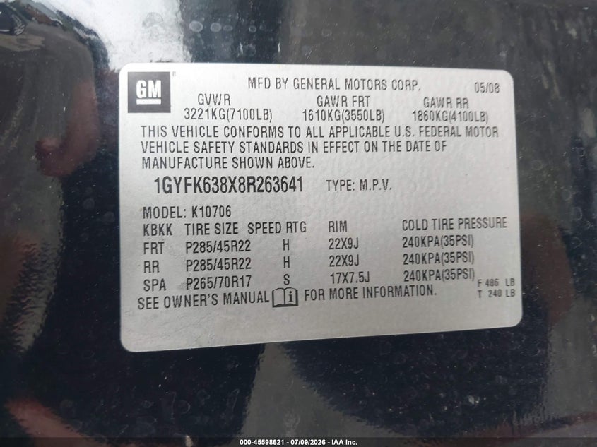 2008 Cadillac Escalade VIN: 1GYFK638X8R263641 Lot: 45598621