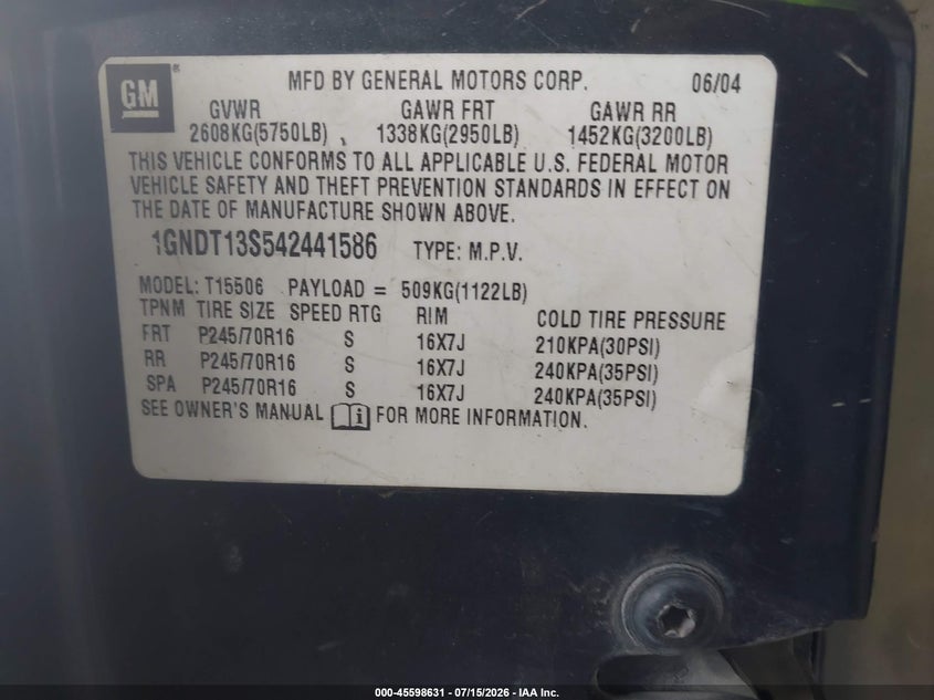 2004 Chevrolet Trailblazer Ls VIN: 1GNDT13S542441586 Lot: 45598631