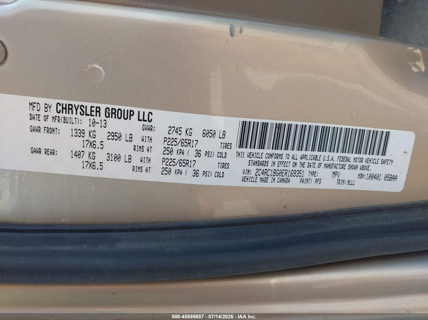 2014 Chrysler Town & Country Touring VIN: 2C4RC1BG0ER169351 Lot: 45598657