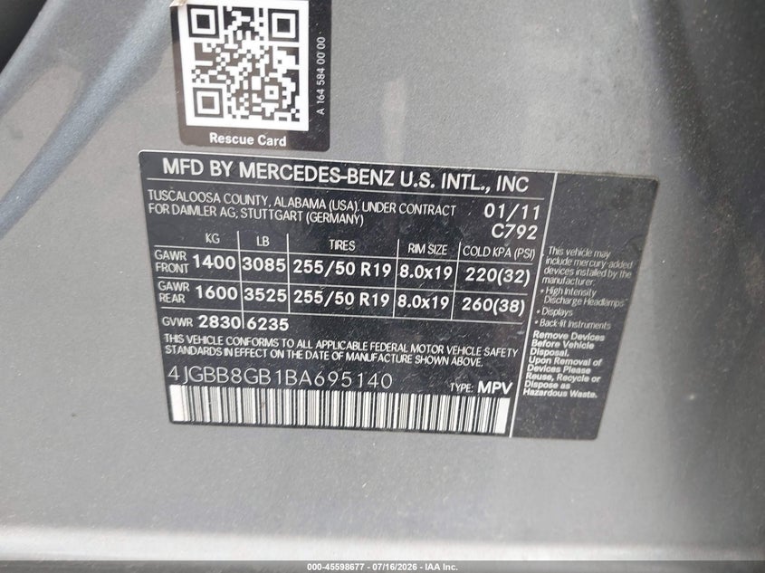2011 Mercedes-Benz Ml 350 4Matic VIN: 4JGBB8GB1BA695140 Lot: 45598677