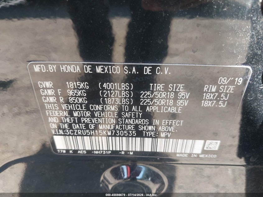 2019 Honda Hr-V Sport VIN: 3CZRU5H15KM730535 Lot: 45598678