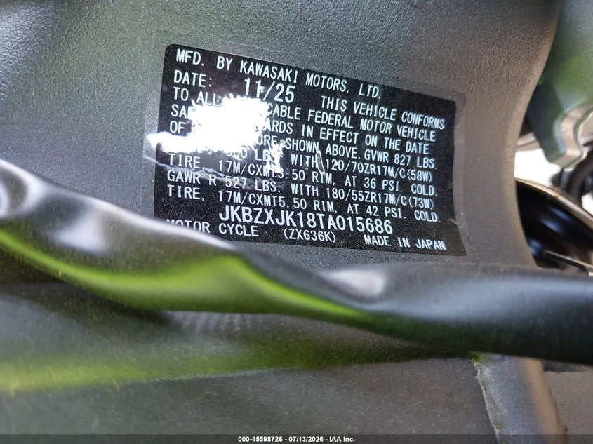 2026 Kawasaki Zx636 K VIN: JKBZXJK18TA015686 Lot: 45598726