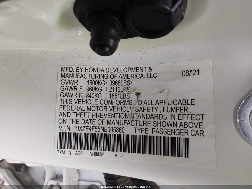 2022 Honda Insight Ex VIN: 19XZE4F55NE005860 Lot: 45598743