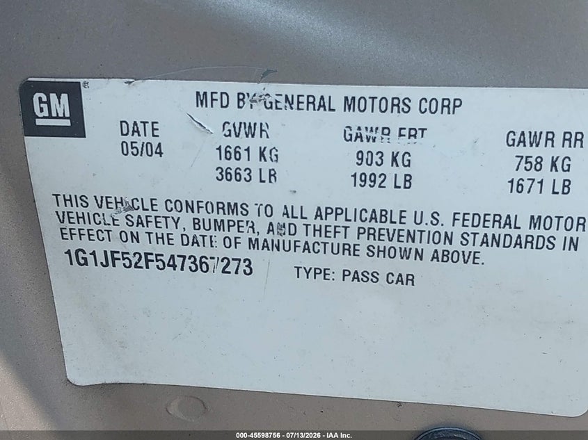 2004 Chevrolet Cavalier Ls VIN: 1G1JF52F547367273 Lot: 45598756