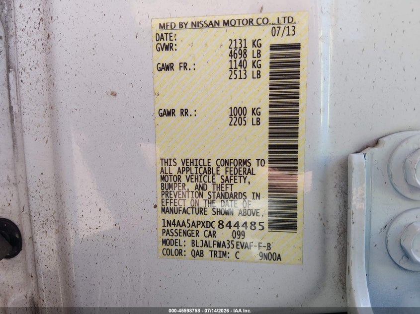 2013 Nissan Maxima 3.5 Sv VIN: 1N4AA5APXDC844485 Lot: 45598758
