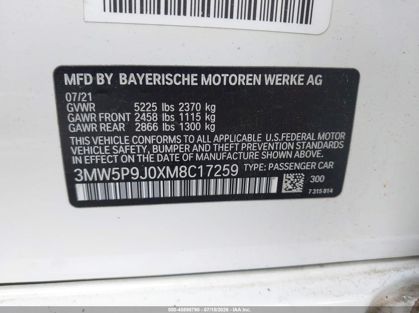 BMW 330E 2021 VIN 3MW5P9J0XM8C17259