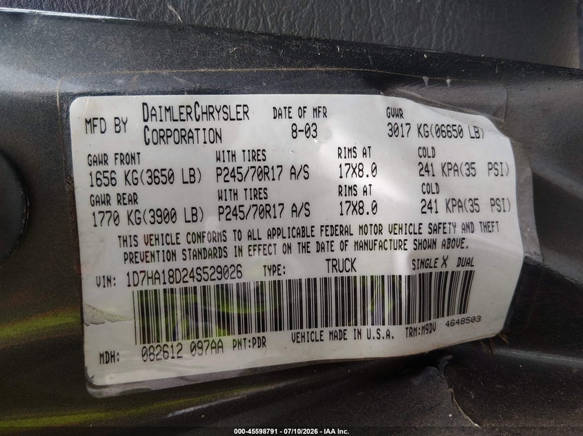 DODGE RAM 1500 2004 VIN 1D7HA18D24S529026