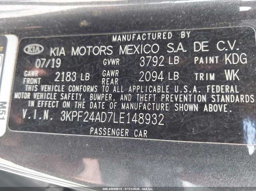 2020 Kia Forte Lxs VIN: 3KPF24AD7LE148932 Lot: 45598815