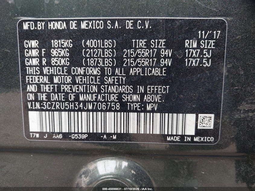2018 Honda Hr-V Lx VIN: 3CZRU5H34JM706758 Lot: 45598831