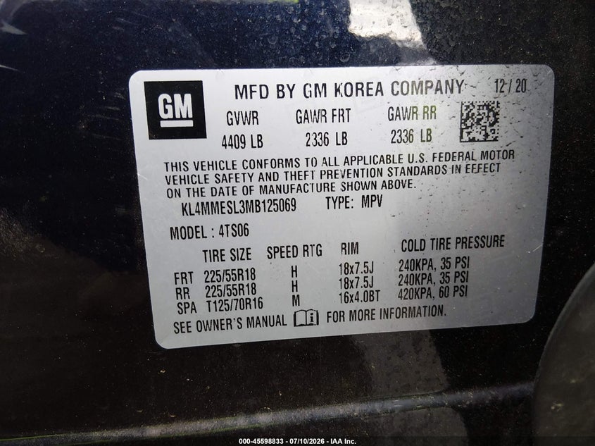 2021 Buick Encore Gx Awd Select VIN: KL4MMESL3MB125069 Lot: 45598833