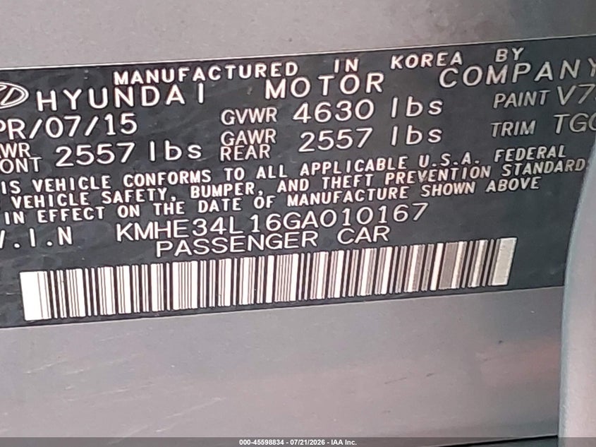 2016 Hyundai Sonata Hybrid Limited VIN: KMHE34L16GA010167 Lot: 45598834