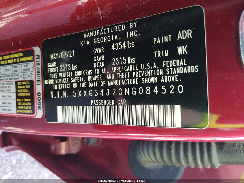 2022 Kia K5 Ex VIN: 5XXG34J20NG084520 Lot: 45598840