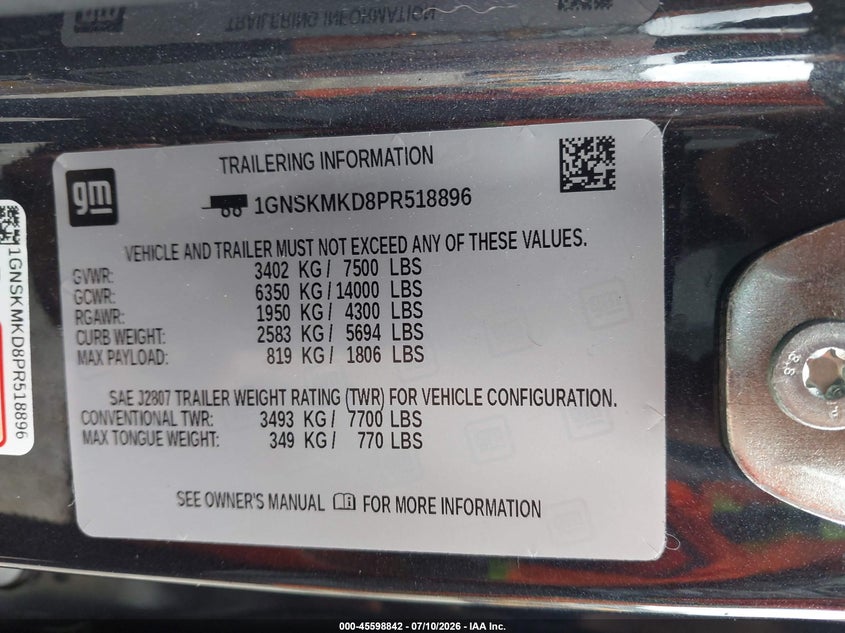 2023 Chevrolet Tahoe 4Wd Ls VIN: 1GNSKMKD8PR518896 Lot: 45598842