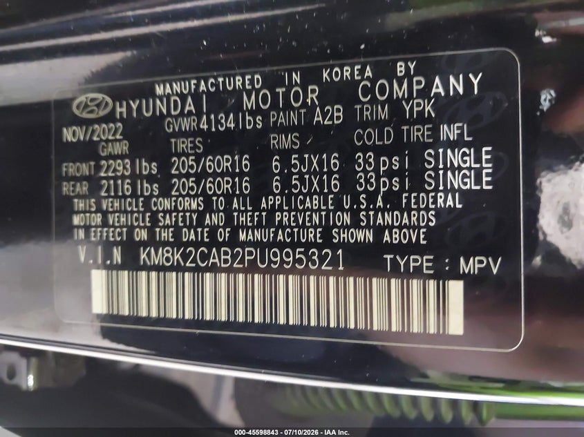 2023 Hyundai Kona Se VIN: KM8K2CAB2PU995321 Lot: 45598843